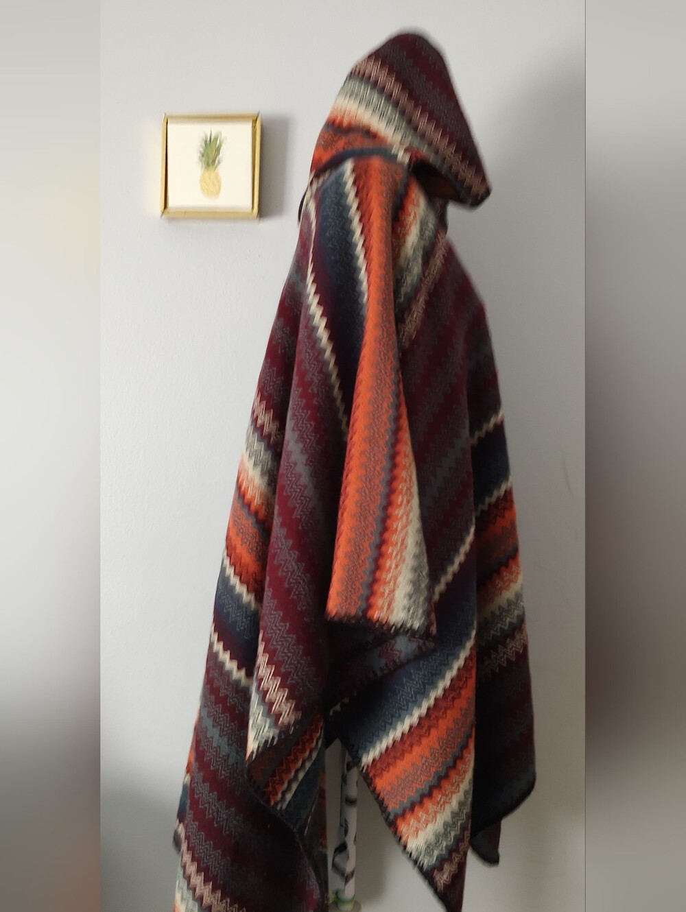Hooded Chevron Knit Poncho in Burgundy & Rust - Picture 6 of 11